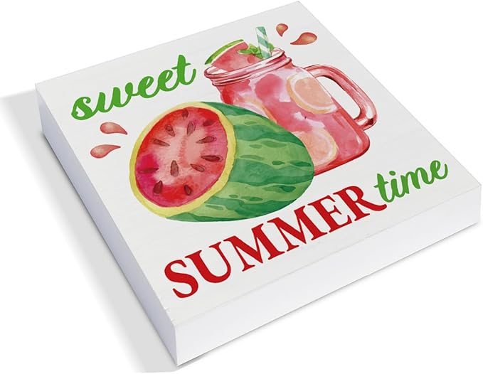 Summer Decor - Watermelon Decorations Sweet Summer Time Wooden Sign Home Kitchen Shelf Desk Decor 5 X 5 Inches