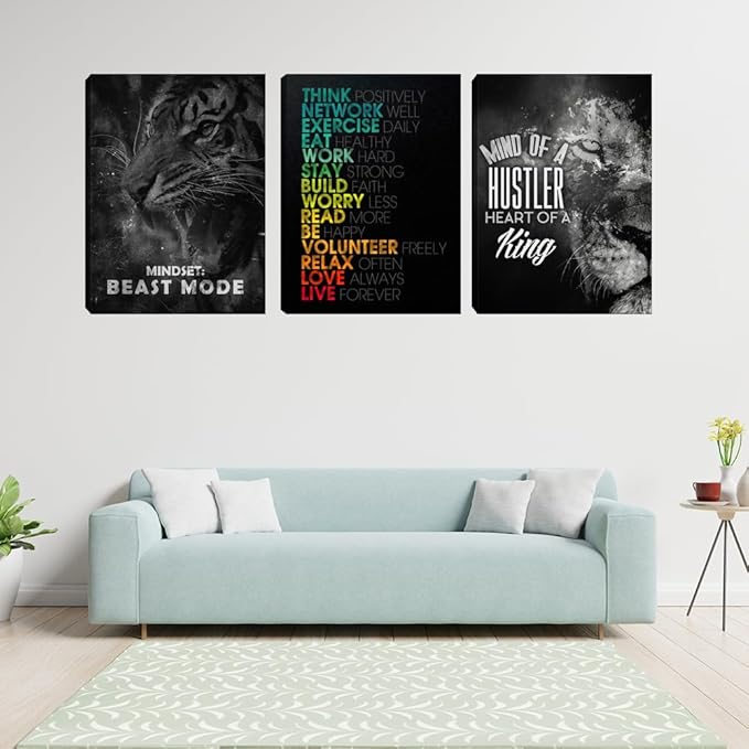 3 Pieces Mindset Wall Decor Posters Room Decor for Men Motivational Tiger Wall Art for Office Inspirational Picture Painting Poster Prints Canvas Wall Art Home Framed Decorations(36" Wx16 H)