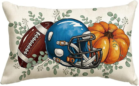 AVOIN colorlife Fall Football Pumpkin Throw Pillow Cover 12x20 Inch, Seasonal Autumn Eucalyptus Leaves Thanksgiving Harvest Blue Cushion Case Decoration for Sofa Couch