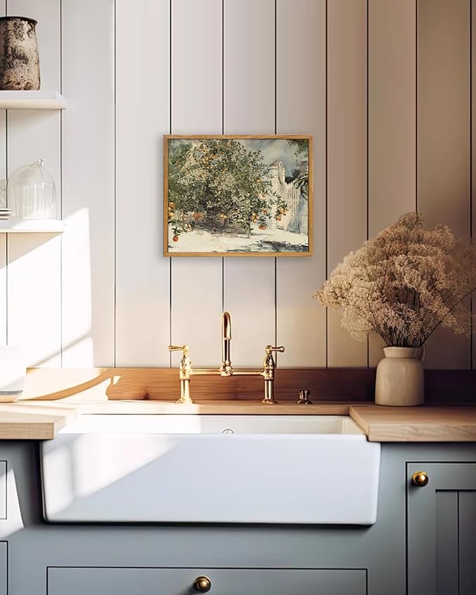 KBKBART Framed Farmhouse Wall Art, Orange Tree Vintage Watercolor Oil Painting, Rustic Kitchen Sign Canvas Wall Art for Dining Room, Bedroom, Living Room, Gallery, Vintage Pictures Wall Decor (8"x10")