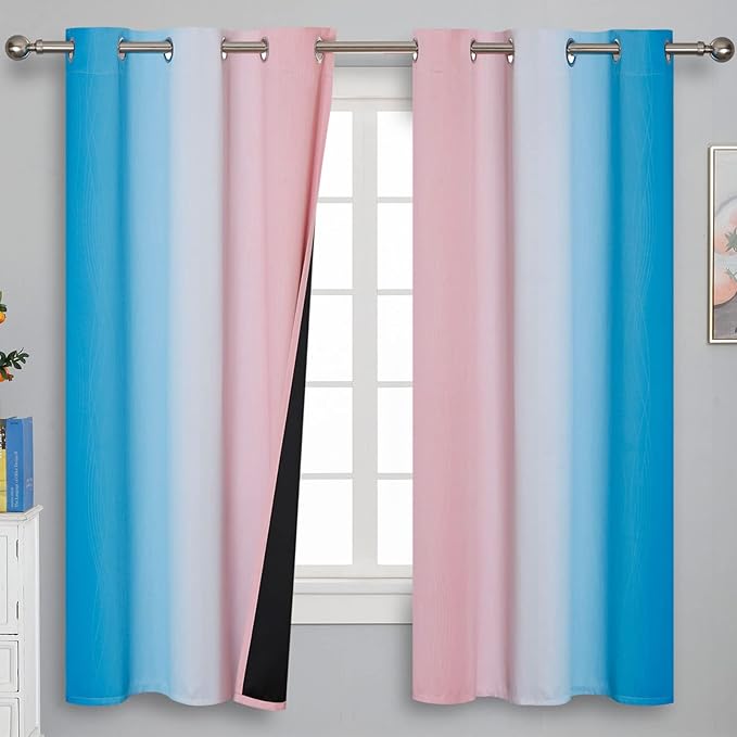 Estelar Textiler Pink and Blue Curtains 63 Inch Length 2 Panels, Ombre Total Blackout Curtains for Bedroom, Grommet Thermal Insulated Gradient Blackout Drapes for Kids Room, 42x63 Inch