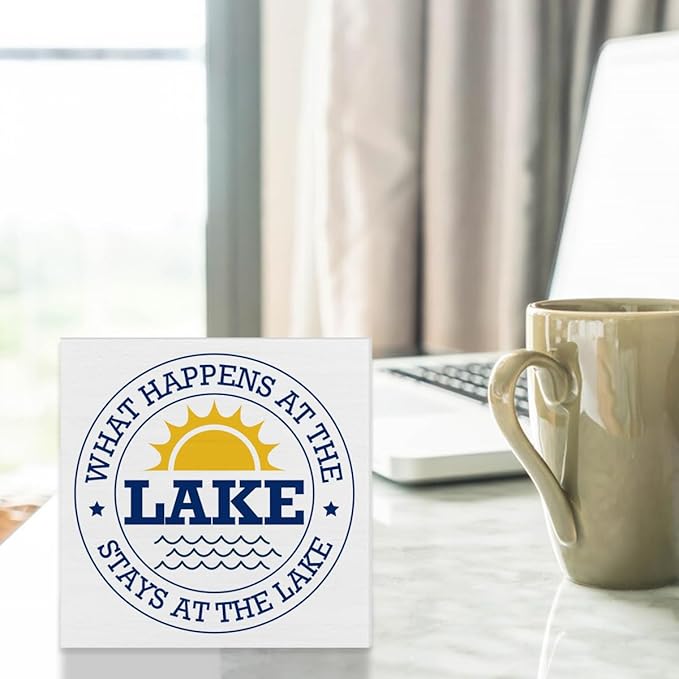 Lake Sign Decor What Happens at the Lake wooden Block Sign Home Lake House Desk Table Shelf Decoration, polychrome