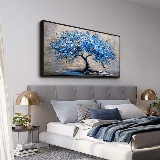 ERQINHUA Large Canvas Wall Art For Living Room Farmhouse Wall Decor For Bedroom Abstract Paintings Blue Tree Wall Pictures Artwork Office Decoration Dormitory Home Decor Black Framed 24x48 Inches