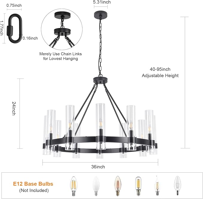 36 Inch Black Wagon Wheel Chandelier with Glass Shade, 12-Lights Farmhouse High Ceiling Chandeliers, Large Round Modern Black Chandeliers for Dining Room Living Room Bedroom Foyer