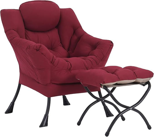 Lazy Chair with Ottoman, Modern Chair with Folding Footrest, Lounge Accent Chair, Comfortable Reading Chair (Burgundy)