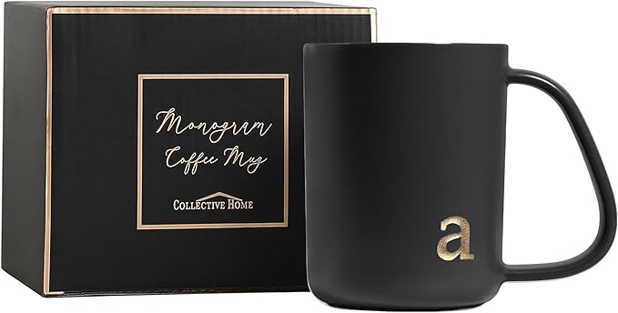 COLLECTIVE HOME - Ergonomic Handle Ceramic Mug, 15 oz Personalized Coffee Cup with Golden Initial, Microwave & Dishwasher Safe, Elegant Monogram Tea Mug in Gift Box for Home & Office (Black-a)