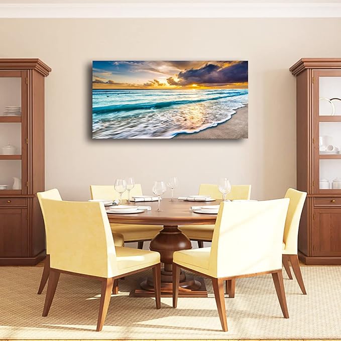 Beach Canvas Wall Art Seascape Theme Pictures Home Decor Blue Ocean White Wave Sunset Prints Painting for Living Room Bathroom Bedroom Kitchen Office Decorations Natural Landscape Artwork 28x57 inches