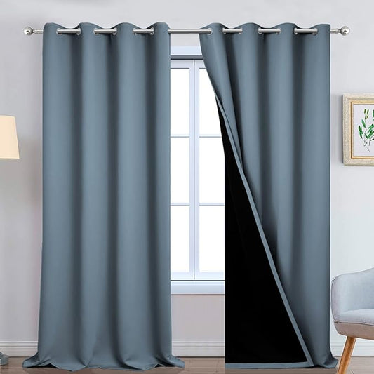 Yakamok 100% Blackout Lined Panels, Room Darkening Thermal Insulated Blackout Curtains for Bedroom, Heat Blocking Drapes for Living Room(52Wx108L, Stone Blue, 2 Panels)