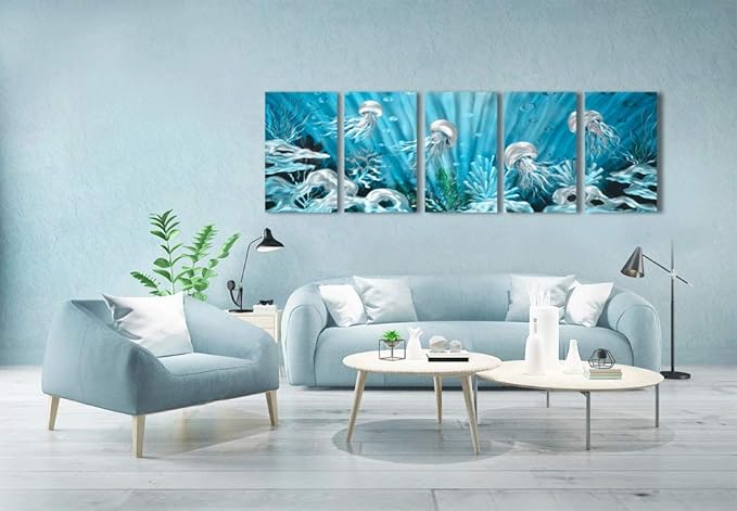 Yihui Arts Blue Deep Ocean Extra Large Jellyfish Metal Wall Art, in Modern Ocean Design, 3D Wall Art for Modern and Contemporary Decor, 5-Panels, Metal Wall Decor Works Indoors and Outdoors