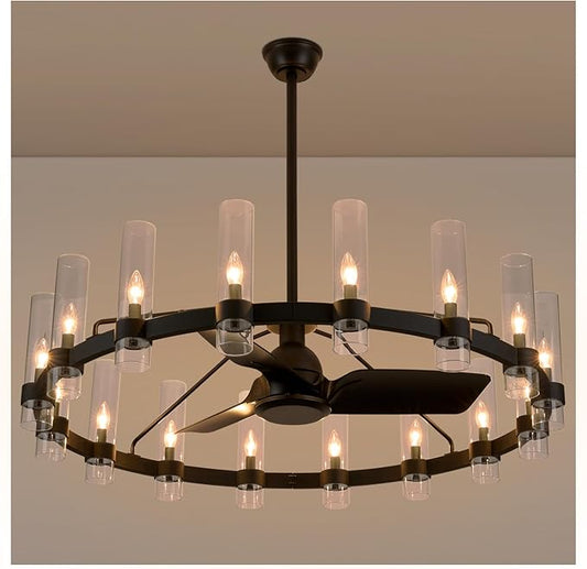 Black Ceiling Fans with 16 Lights Wagon Wheel Chandelier, 48 Inch Modern Farmhouse Fandelier, Quiet 6-Speed Reversible DC Motor, 1/2/4H Remote Timing for Living Room/Bedroom/Kitchen