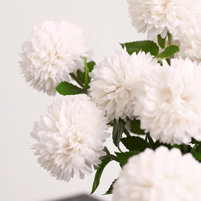 Floweroyal 24pcs Artificial Chrysanthemum Ball Flowers, Fake Mums Silk Hydrangea Bridal Wedding Bouquet for Home Garden Party Office Coffee House Decoration (White)