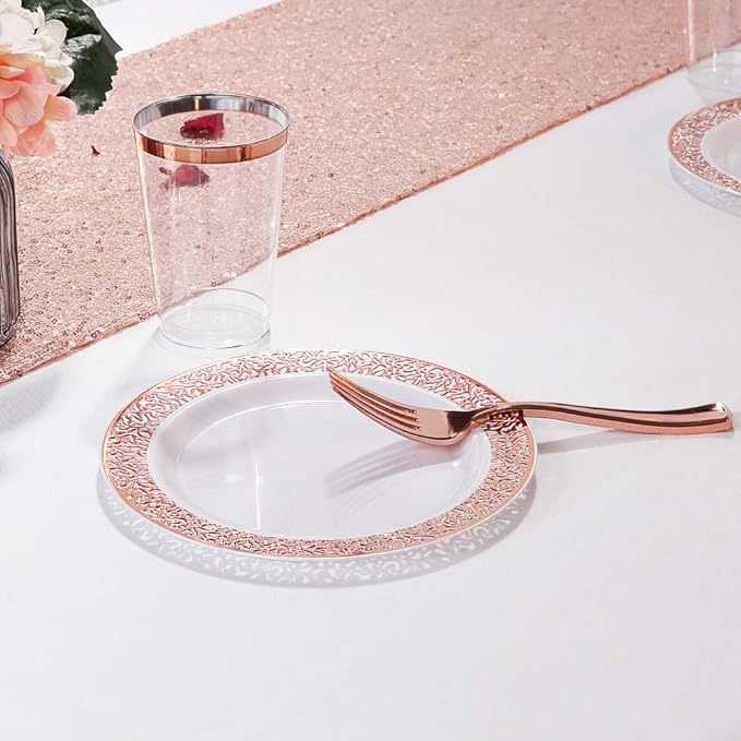 WDF 200 Pieces Rose Gold Dessert Plates with Forks, 100Pcs Lace Design Cake Small Rose Gold Appetizer Plates 7.5" and 100 Pcs Forks 7.4" for Wedding/Party