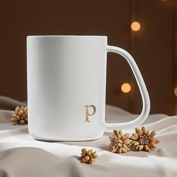 COLLECTIVE HOME - Ergonomic Handle Ceramic Mug, 15 oz Personalized Coffee Cup with Golden Initial, Microwave & Dishwasher Safe, Elegant Monogram Tea Mug in Gift Box for Home & Office (White-p)