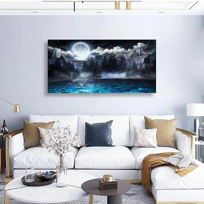 Moon Ocean Pictures Canvas Wall Art for Living room Office Bedroom Wall Decor,Ocean Wall Art Print Paintings Modern Mystery Cloud Forest Blue Lake Artwork Waterproof Ready to Hang-24X48 inch