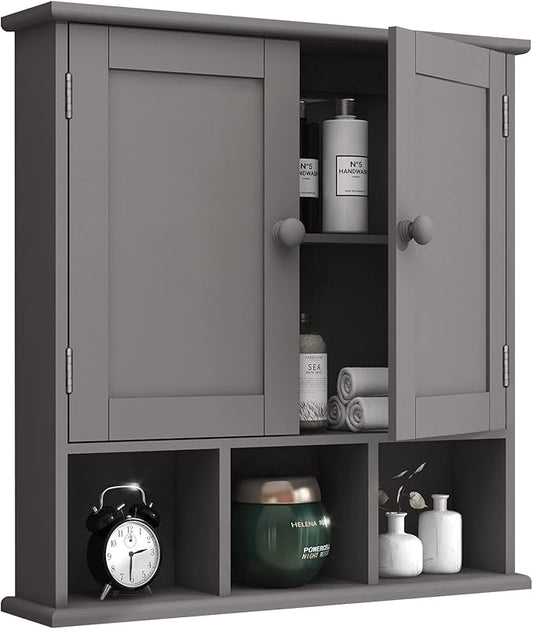 TaoHFE Grey Bathroom Cabinet with 2 Door Adjustable Shelves, Over The Toilet Storage, Wall Mounted Medicine Cabinet for Bathroom & Laundry Room