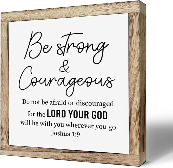 Scripture Be Strong and Courageous Wooden Plaque Box Sign, Inspirational Wood Art, Christian Home Decor for Living Room, Motivational Desk Gift