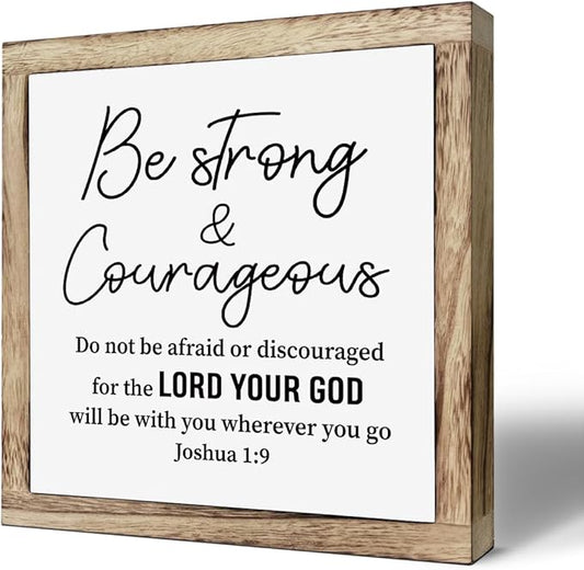 Scripture Be Strong and Courageous Wooden Plaque Box Sign, Inspirational Wood Art, Christian Home Decor for Living Room, Motivational Desk Gift