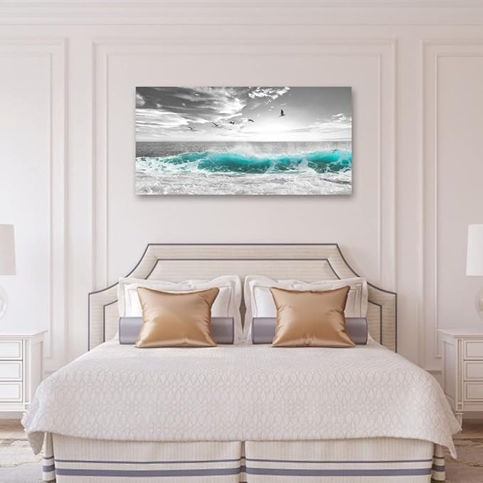 Large Ocean Canvas Wall Art for Living Room Wall Decor Teal Sea Wave Canvas Prints Artwork Seagull Birds Canvas Pictures for Bedroom Home Office Wall Decorations Ready to Hang 24" X 48"
