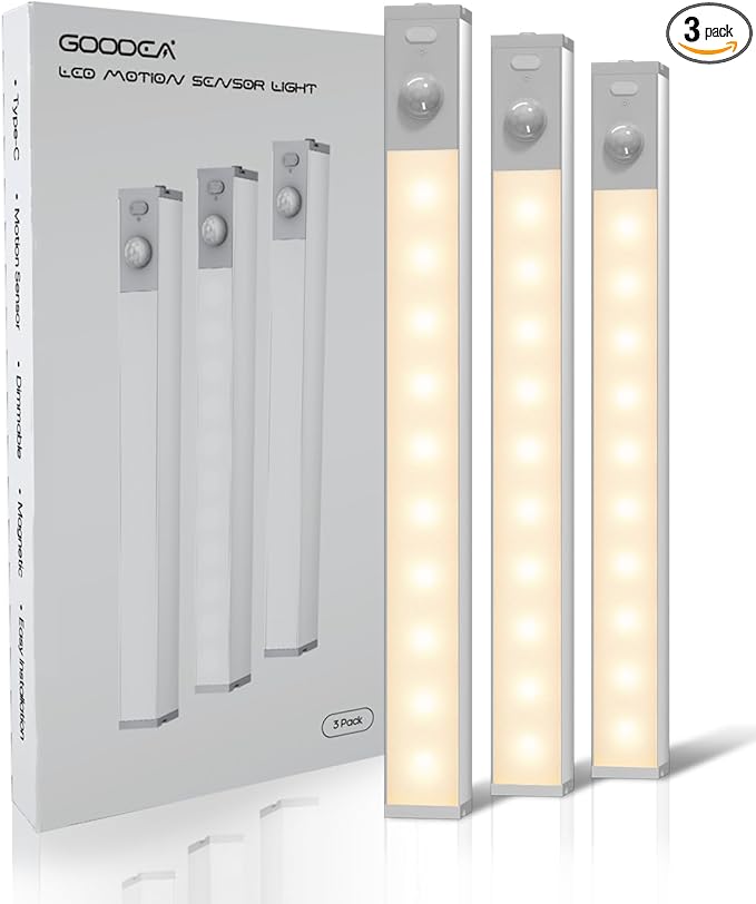 Led Under Cabinet Lights Wireless, 7’’ Rechargeable Motion Sensor Light Indoor, Dimmable Closet Lights for Cabinets, Bookshelf, Stair, Hallway Warm White 3 pcs