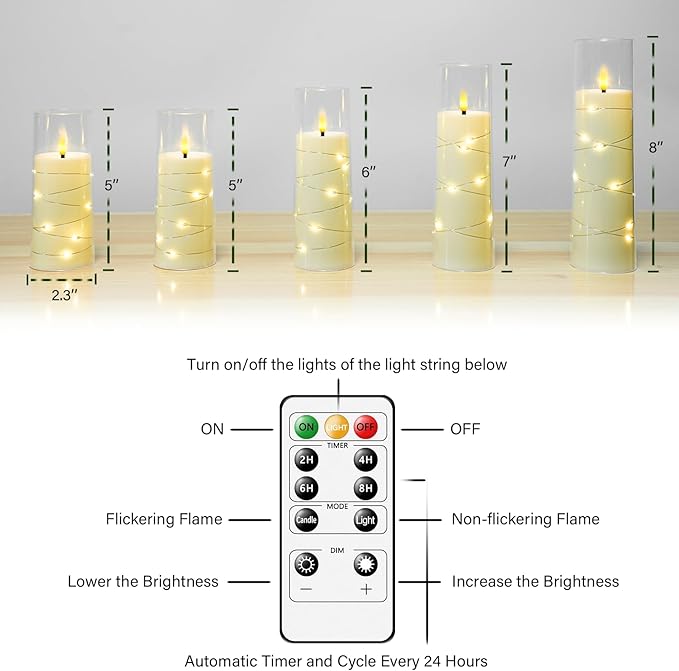 Flameless LED Candles with Timer 5 Pc Flickering Flameless Candles for Romantic Ambiance and Home Decoration Stable Acrylic Shell,with Embedded Star String，Battery Operated Candles（Ivory）