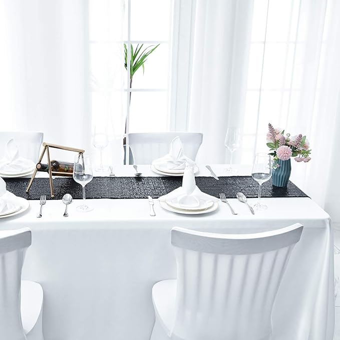 2 Packs 12 x 108 inches Black Sequin Table Runner, Glitter Black Table Runner for Wedding Birthday Bachelorette Holiday Party Supplies Decorations Bridal Shower Baby Shower