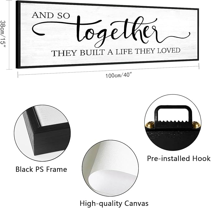 And So Together They Built A Life They Loved Wall Decor: 40''×15'' Bedroom Signs Canvas Wall Decor Above Bed,Modern Farmhouse Living Room Master Bedroom Decor Large Framed Hanging Wall Plaque
