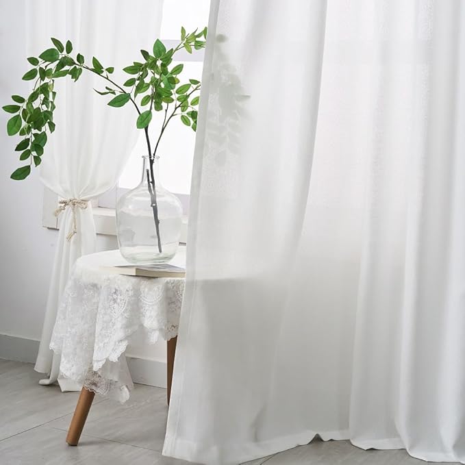Off White Thick Linen Semi Sheer Curtains 102 Inches Long, 50 Inches Width, Elegant Light Filtering Drapes Set of 2, Floor to Ceiling Window Curtain with Hooks for Track System
