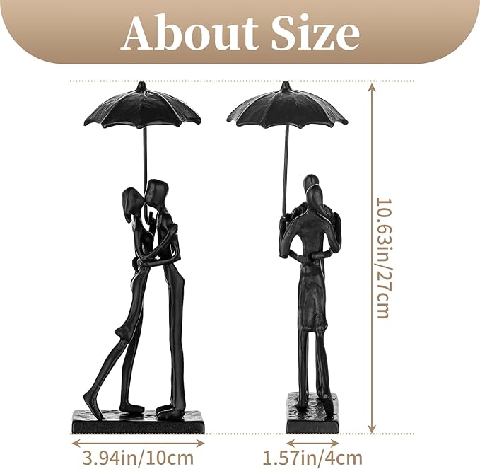 Sziqiqi Iron 6th Sculpture for Wife - Black Metal Couple Statue Kissing Under Umbrella Man Woman Sculpture Figurines for Shelf Mantel Fireplace Entry Bookshelf Television Room