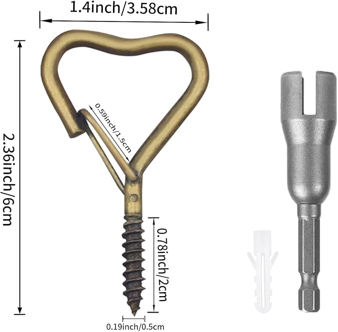 Lamp Wire Hook，Heart-Shaped Screw-in Wall Hooks for Outdoor Decor, Champagne Metal, Key Hook，Decorative Plant Hanging，Clothes Hook (Bronze, 10Pcs)