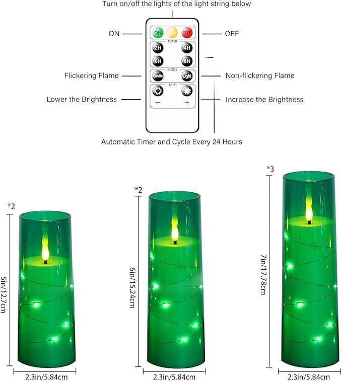Flameless Candles,with Embedded Star String, Battery Operated Candles Flickering LED Pillar Candles with Remote Control and Timer, Home Decoration Add a Warm and Romantic Atmosphere，Set of 7 (Green)