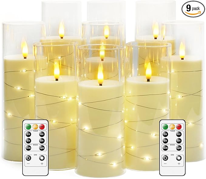 Flameless LED Candles with Timer 9 Pc Flickering Flameless Candles for Romantic Ambiance and Home Decoration Stable Acrylic Shell,with Embedded Star String，Battery Operated Candles（Ivory）