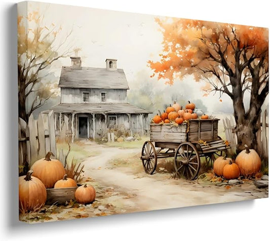 Framed Autumn Farmhouse Sketch posters Gallery Canvas Print Wall Art Vintage Farmhouse Decor Autumn Art Fall Landscape Pumpkin Decoration 11x14"framed