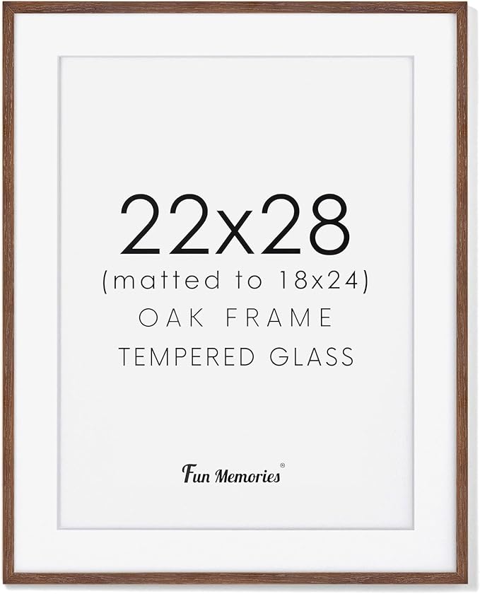 22x28 Picture Frame in Walnut, 22 x 28 Poster Frame for Wall, Solid Oak Wood Picture Frame 22"x28" with Glass, 22x28 Frame Matted to 18x24, 28x22 Wood Frame, 22 by 28 Art Frame, Walnut Color, 1 Pack