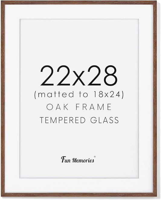 22x28 Picture Frame in Walnut, 22 x 28 Poster Frame for Wall, Solid Oak Wood Picture Frame 22"x28" with Glass, 22x28 Frame Matted to 18x24, 28x22 Wood Frame, 22 by 28 Art Frame, Walnut Color, 1 Pack