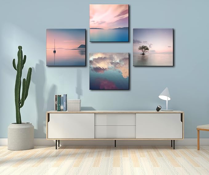 dgbtcart Romantic Sunset Beach Canvas Wall Art - Ocean Pictures Prints Colorful Seascape Painting Artwork for Bedroon Living Room, Bathroom - Office Kitchen Wall Decor 12"x 12" x 4 Panels
