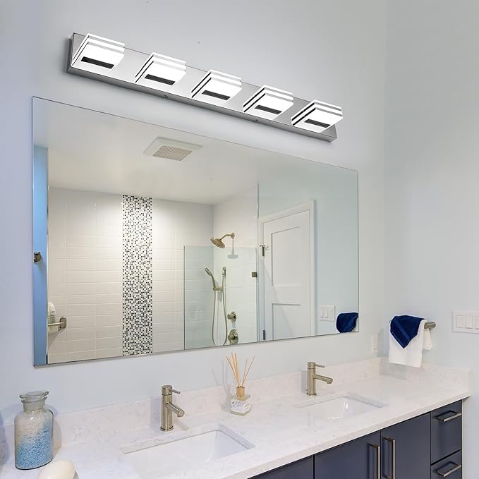 LED Vanity Lighting 30W Lights for Mirror 5 Light Bath Wall Lamps 34 Inch Bathroom Sink Lights over Vanity Modern Long Bath Lights Bars Chrome Wall Sconces Light for Bathroom Restroom 6000K