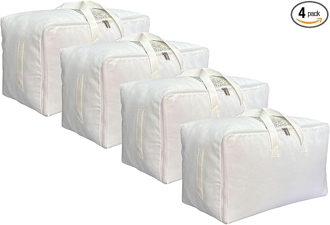 Soft Large Canvas Comforter Storage Bags with Four Carrying Handles and Clear Window, Closet Organizer for Clothing, Blankets Sheets Pillows and Bedding, 80L, 4 Pack, White