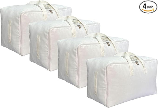 Soft Large Canvas Comforter Storage Bags with Four Carrying Handles and Clear Window, Closet Organizer for Clothing, Blankets Sheets Pillows and Bedding, 80L, 4 Pack, White