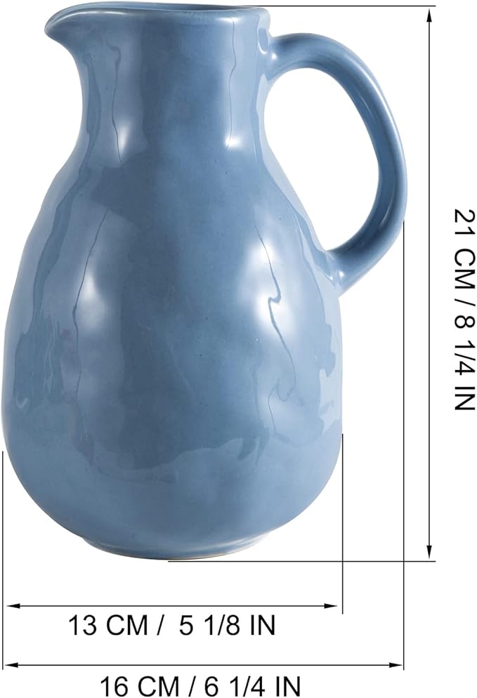 Kimdio Blue Ceramic Vase with Handle, Modern Pitcher Vase for Home Decor, Nordic Pottery Vase, Decorative Flower Vase, Clay Vase, Centerpieces for Living Room