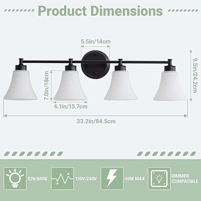 LOUSACE 4 Light Bathroom Vanity Light Matte Black Bathroom Lighting Fixtures Over Mirror with Opal White Frosted Glass Shade, Vintage Traditional Wall Lighting Fixture Vanity Lights for Bedroom