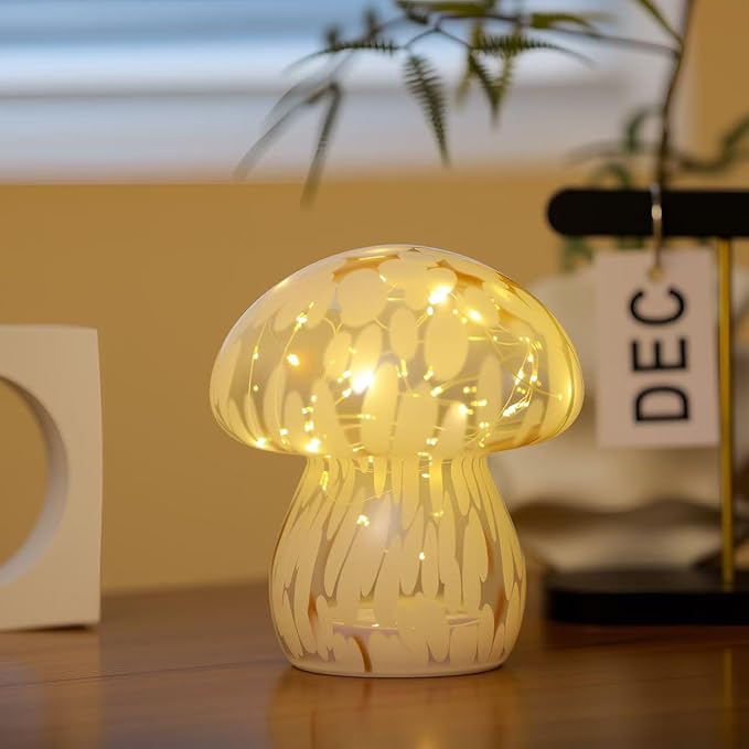 Small Glass Mushroom Table Lamp Night Light Bedside Desk Lamp for Bedroom Nightstand Light-White