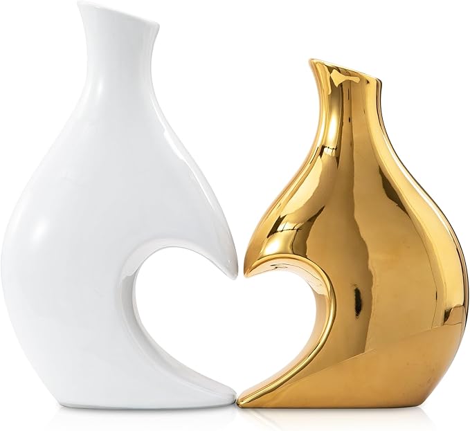 White and Gold Vases Set of 2, Modern Vases Home Decor, Gold Ceramic Decor Heart Shaped Vase, Pretty vases for Flowers, Decorative vase Table Centerpieces