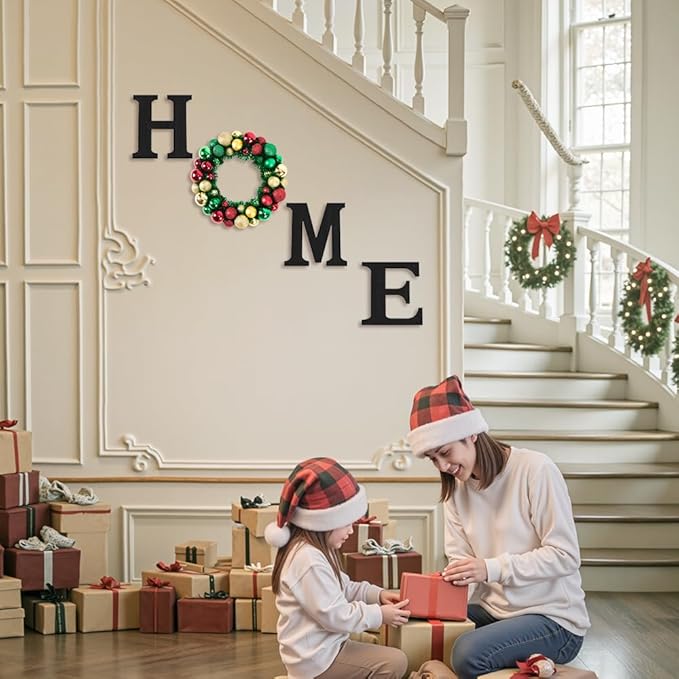 Wooden Home Sign with Artificial Christmas Wreath for O, Hanging Farmhouse Wall House Winter Decor Wood Letters for Wall Art Rustic Home Decor, Red Green Wreath for Living Room Entryway