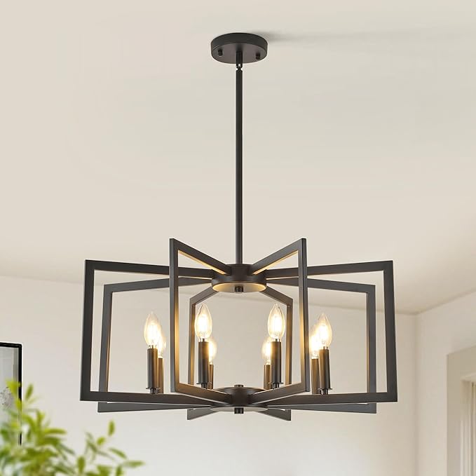 8-Light Modern Farmhouse Black Geometric Chandelier, Adjustable Height Dining Room Light Fixtures Over Table, Large Industrial Metal Chandeliers for Dining Room Kitchen Island Entryway