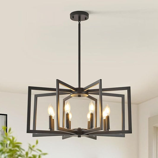 8-Light Modern Farmhouse Black Geometric Chandelier, Adjustable Height Dining Room Light Fixtures Over Table, Large Industrial Metal Chandeliers for Dining Room Kitchen Island Entryway