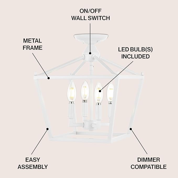 JONATHAN Y JYL7610E Plains Mini Lantern 12" 4-Light Iron Modern Farmhouse LED Flush Mount, Office, Living Room, Family Room, Dining Room, Bedroom, Hallway, Foyer, White