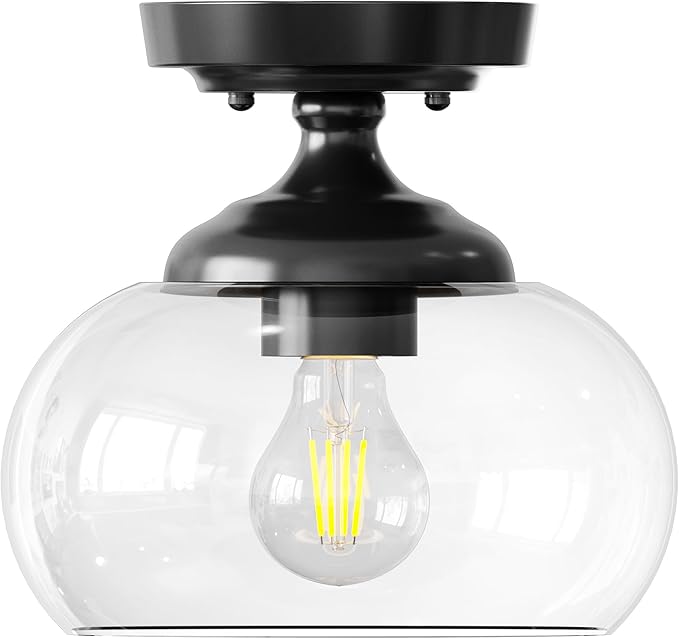 VONLUCE Industrial Semi Flush Mount Ceiling Light, 8.3" Ceiling Light Fixture with Clear Glass Shade, Farmhouse Lighting for Hallway Kitchen Bedroom Entryway, Matte Black Flush Mount Light Fixture
