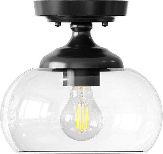 VONLUCE Industrial Semi Flush Mount Ceiling Light, 8.3" Ceiling Light Fixture with Clear Glass Shade, Farmhouse Lighting for Hallway Kitchen Bedroom Entryway, Matte Black Flush Mount Light Fixture