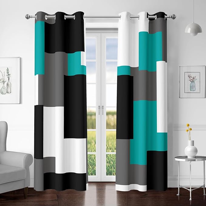 Teal/Turquoise 100% Blackout Curtains for Bedroom 96 inch Length 2 Panels Set White Grey Modern Abstract Geometric Black Out Curtains Room Darkening Window Drapes for Living Room, 42Wx96L