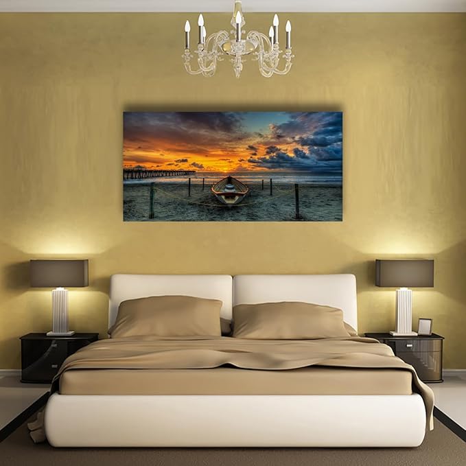 Beach Themed Wall Art Canvas Prints Seascape Poster Bathroom Décor Boat Ocean Sunset Landscape Paintings for Bedroom Dining Room Home Kitchen Decorations Natural Artwork 24x48 Picture Wooden Frames